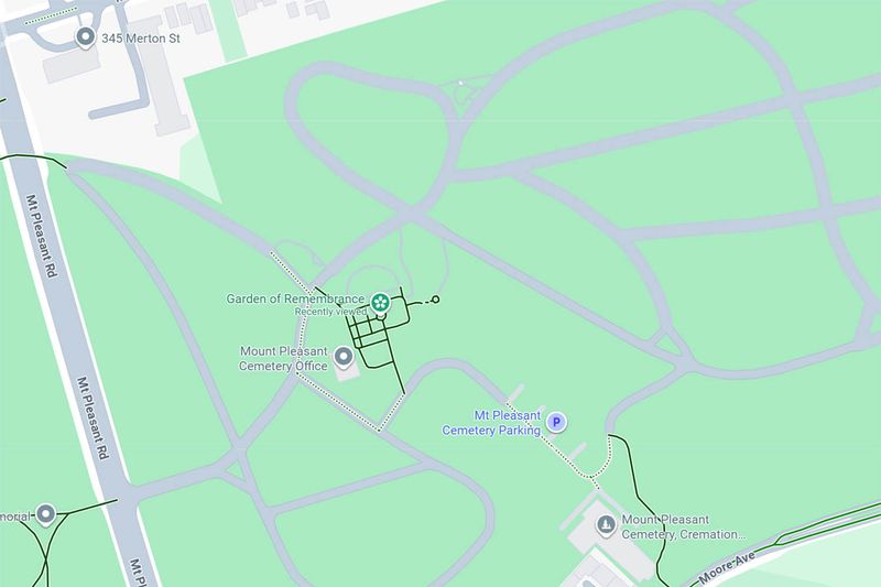 Google Maps showing a cluster of paths at the Garden of Remembrance